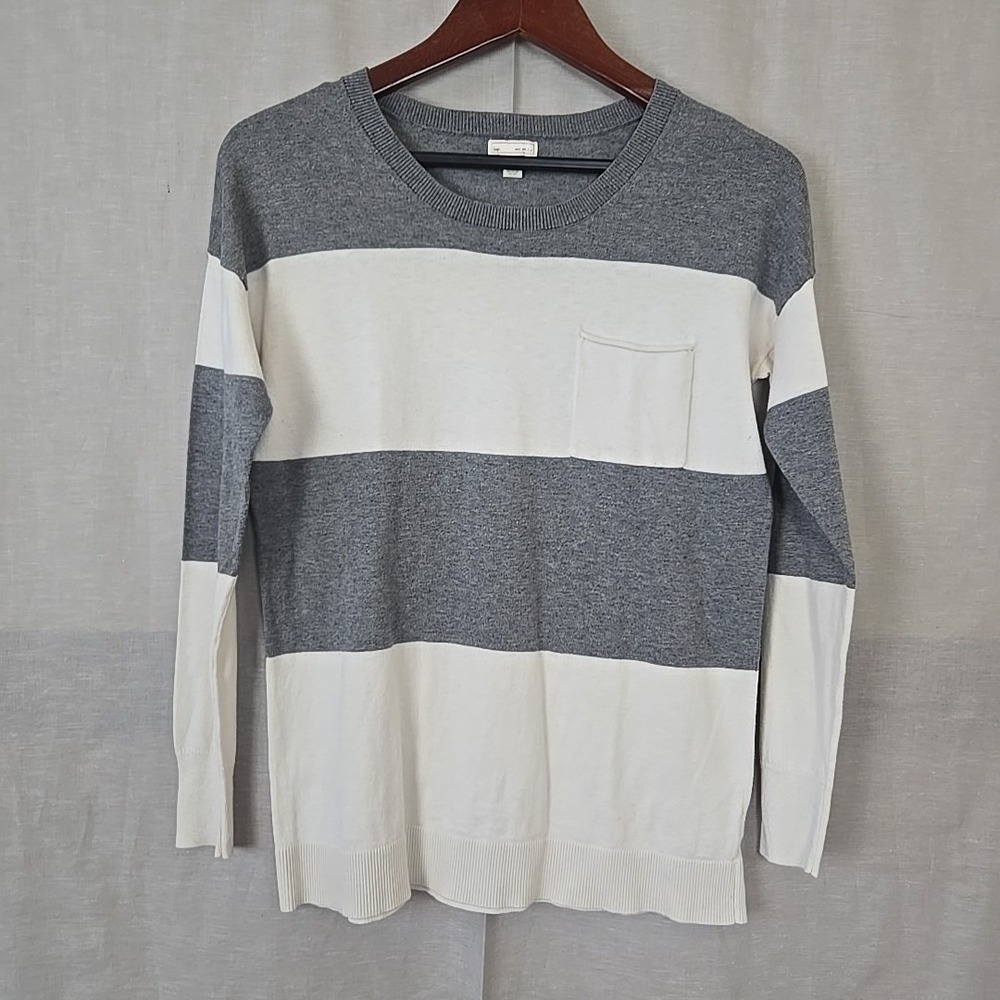Gap Women's XS Gray White Stripe Pocket Pullover Sweater Cotton Silk Blend